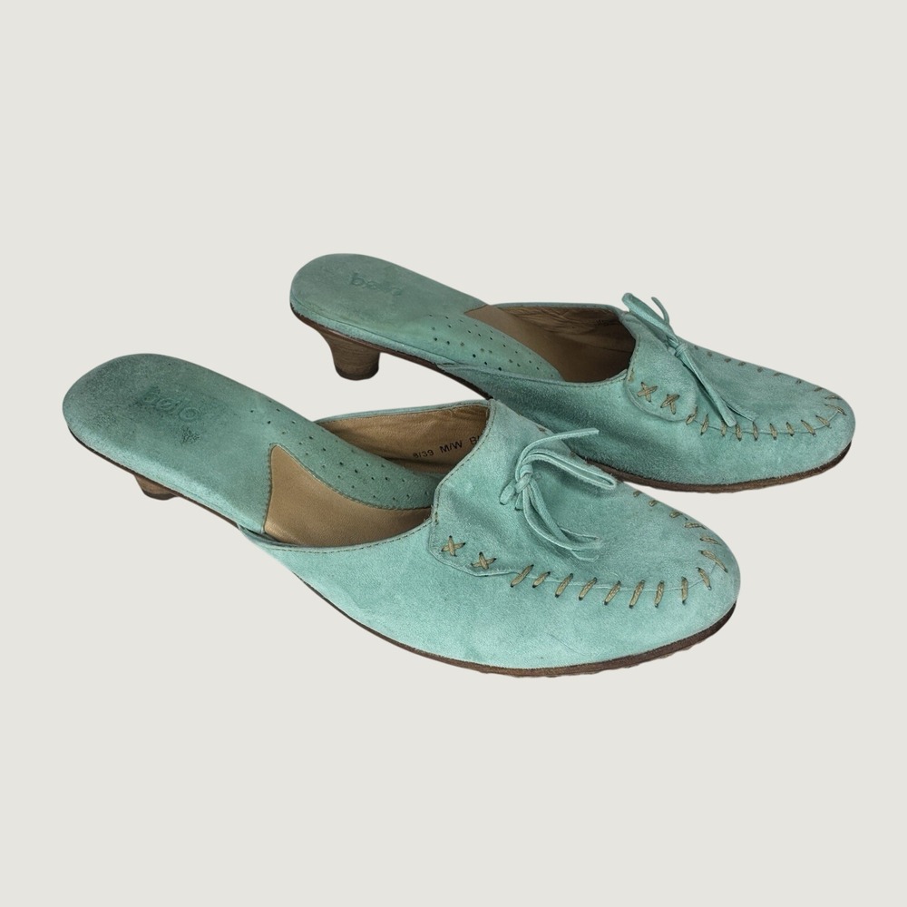 Bolo Leather Mule Heels BL4146 Women's Sz 8 Turquoise Suede Slip On Boho